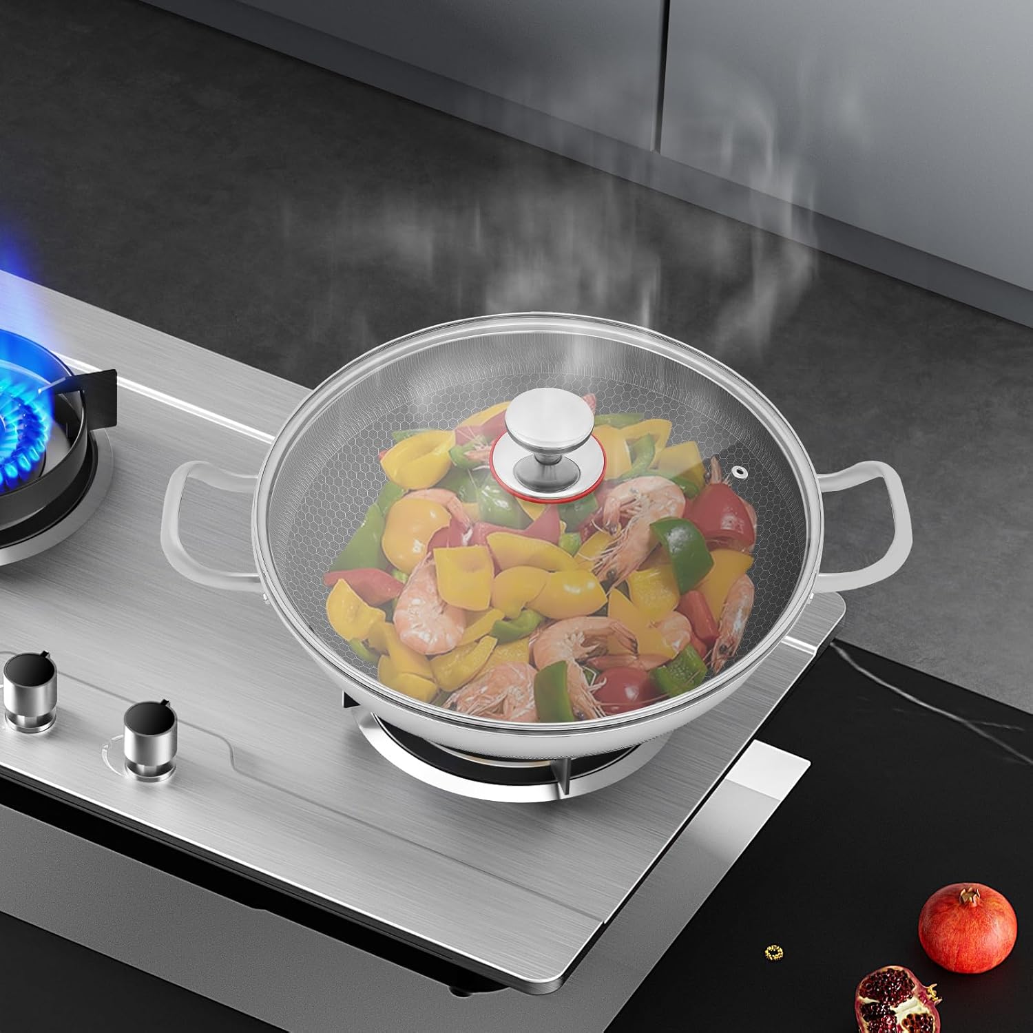 Stainless Steel Frying Pot, 14-Inch Honeycomb Wok Pan with Tempered Glass Lid – Non-Stick & Scratch-Resistant for Gas/Induction/Electric Stoves