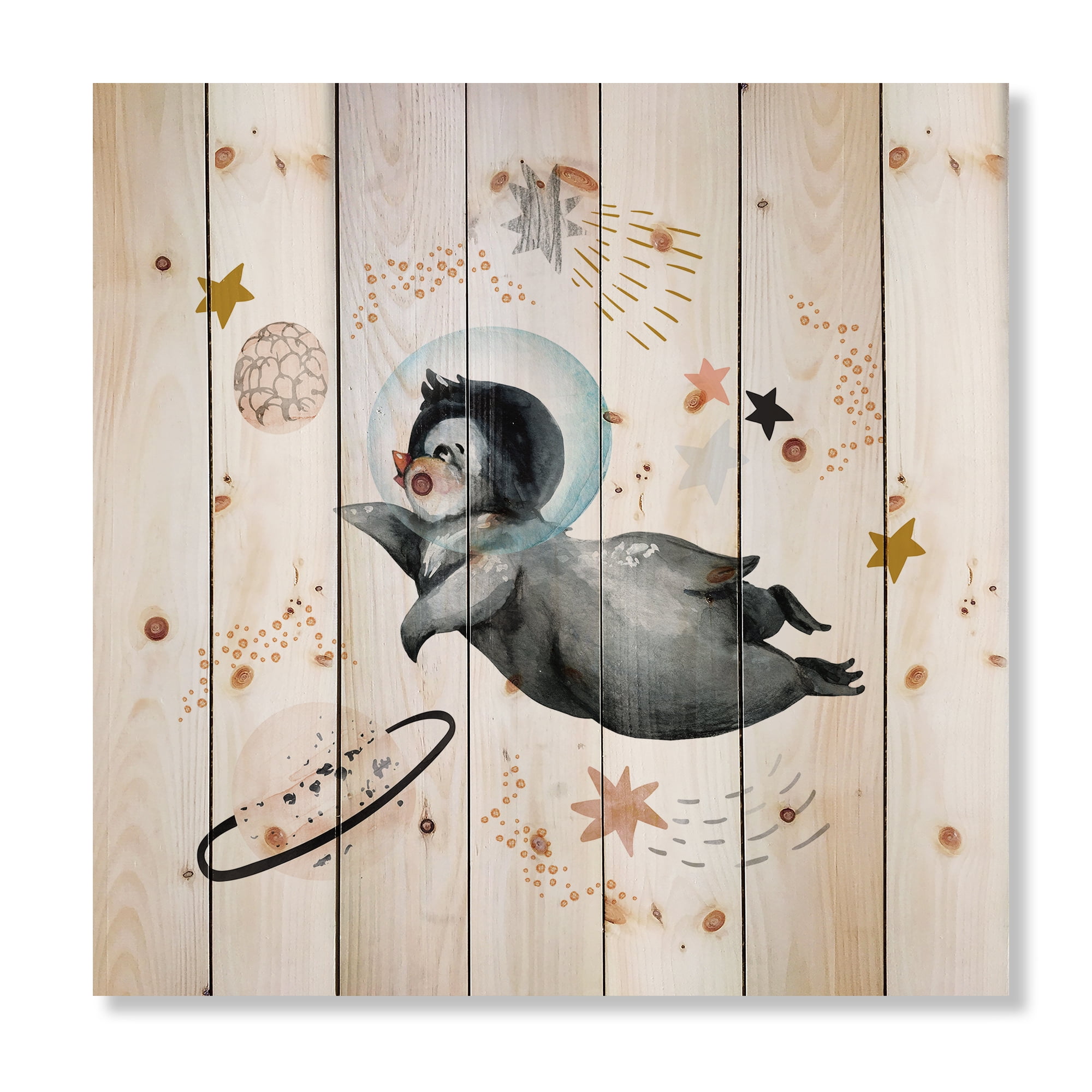 Designart 'Little Penguin Flying Planets and Stars II' Farmhouse Print on Natural Pine Wood