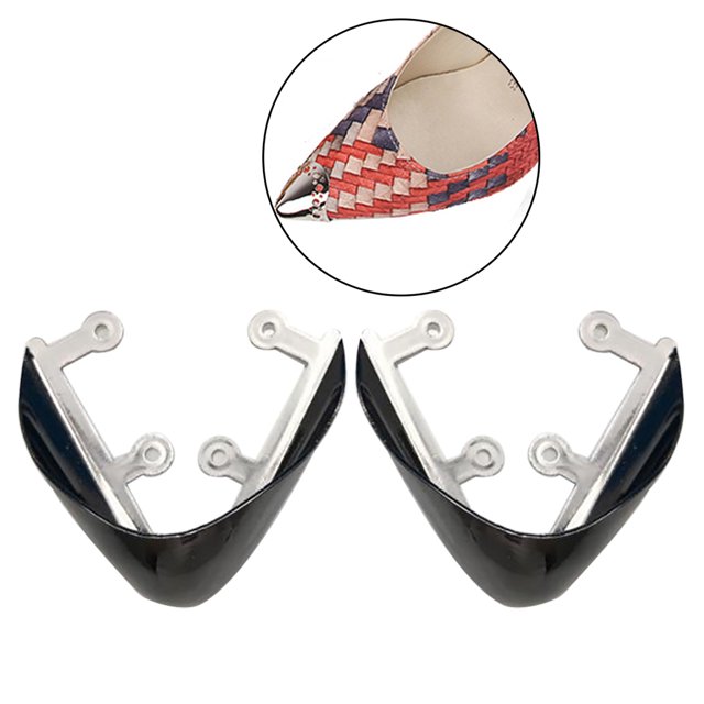 1 Pair Metal Toe Caps Creative Protective Heel Decoration Shoes Supplies in a glossy silver and dark grey finish. Made of durable iron material, these free-size toe caps are designed for DIY shoe decoration or redecorating old shoes. Suitable for pointed-toe high heels, flats, and boots. The image shows a pair of metal toe caps with mounting holes, alongside an example of their application on a pointed-toe shoe.