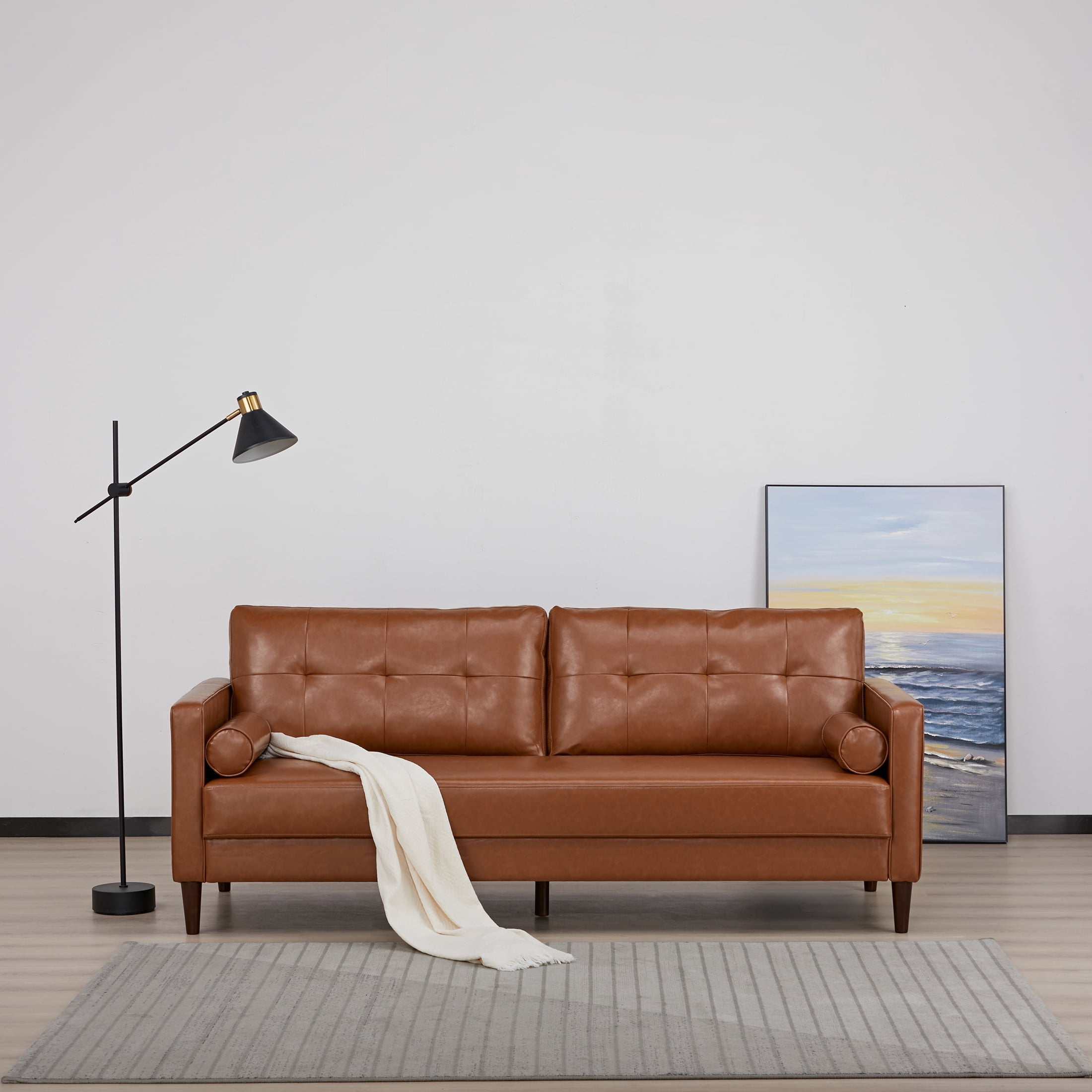 A&D Home Anza 3-Seater Tufted Faux Leather Sofa, Cognac Brown
