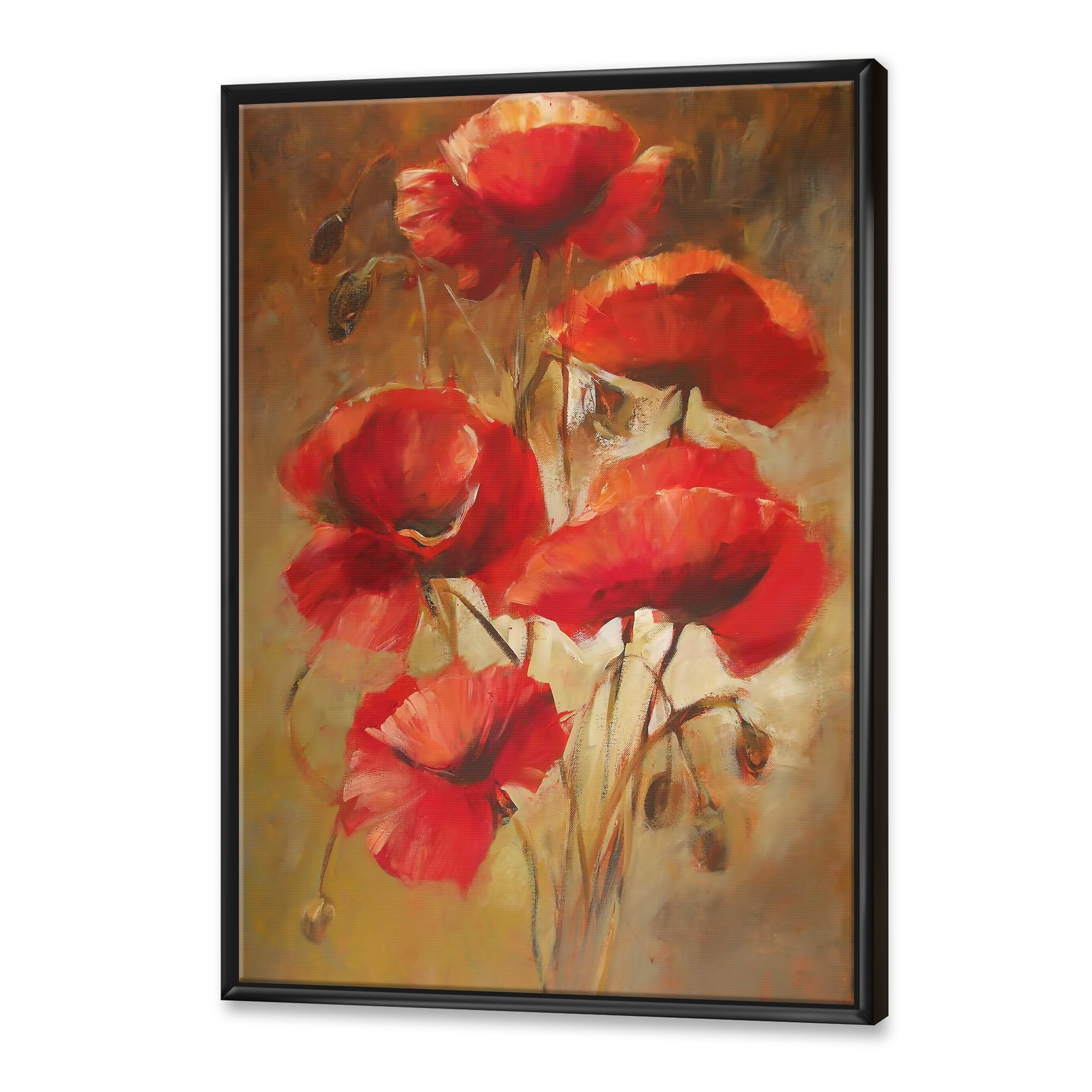 Designart 'Red Blossoming Poppies Over Wild Brown I' Traditional Framed Canvas Wall Art Print