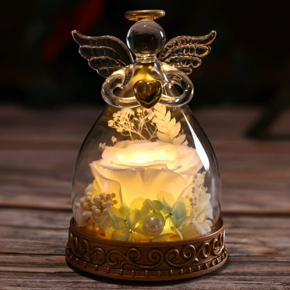 Figura de ángel con forma de rosa auténtica preservada en cristal con luz LED
