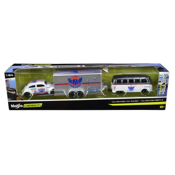 Volkswagen Samba Bus Dark Gray Met. & White & Volkswagen Beetle White & Enclosed Car Trailer Silver "Toyo Tires" 1/64 Diecast Model Cars by Maisto