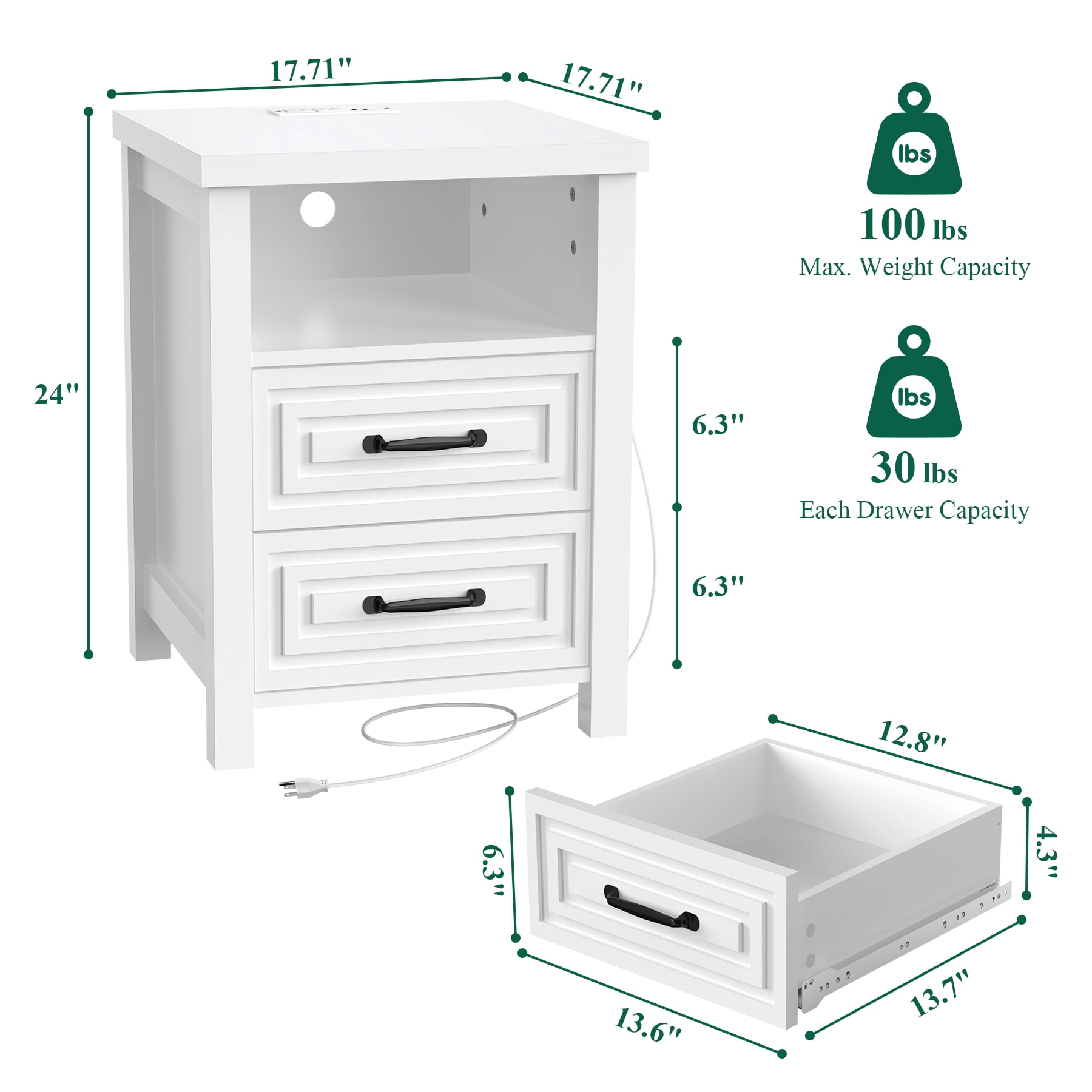 HOMWOO White Nightstand with Charging Station Modern Bedside Table with 2 Wooden Drawers and Storage Shelves for Bedroom Living Room