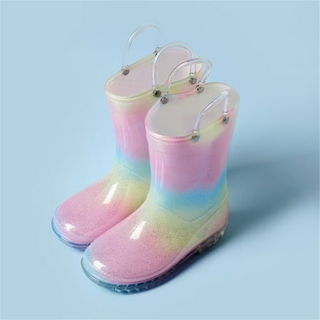 

JIKNTTR Kids Rain Boots Waterproof Shoes Toddler Kids Glitter Light Up Rain Boots For Girls Rainbow Rain Shoes With Easy On Handles Trendy Boots for Little Kids