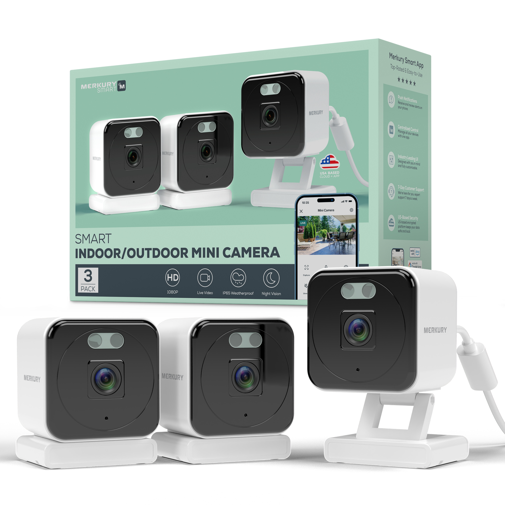 Merkury Smart HD Indoor/Outdoor Mini Security Camera, 1080p, Weatherproof, WiFi, 3-Pack