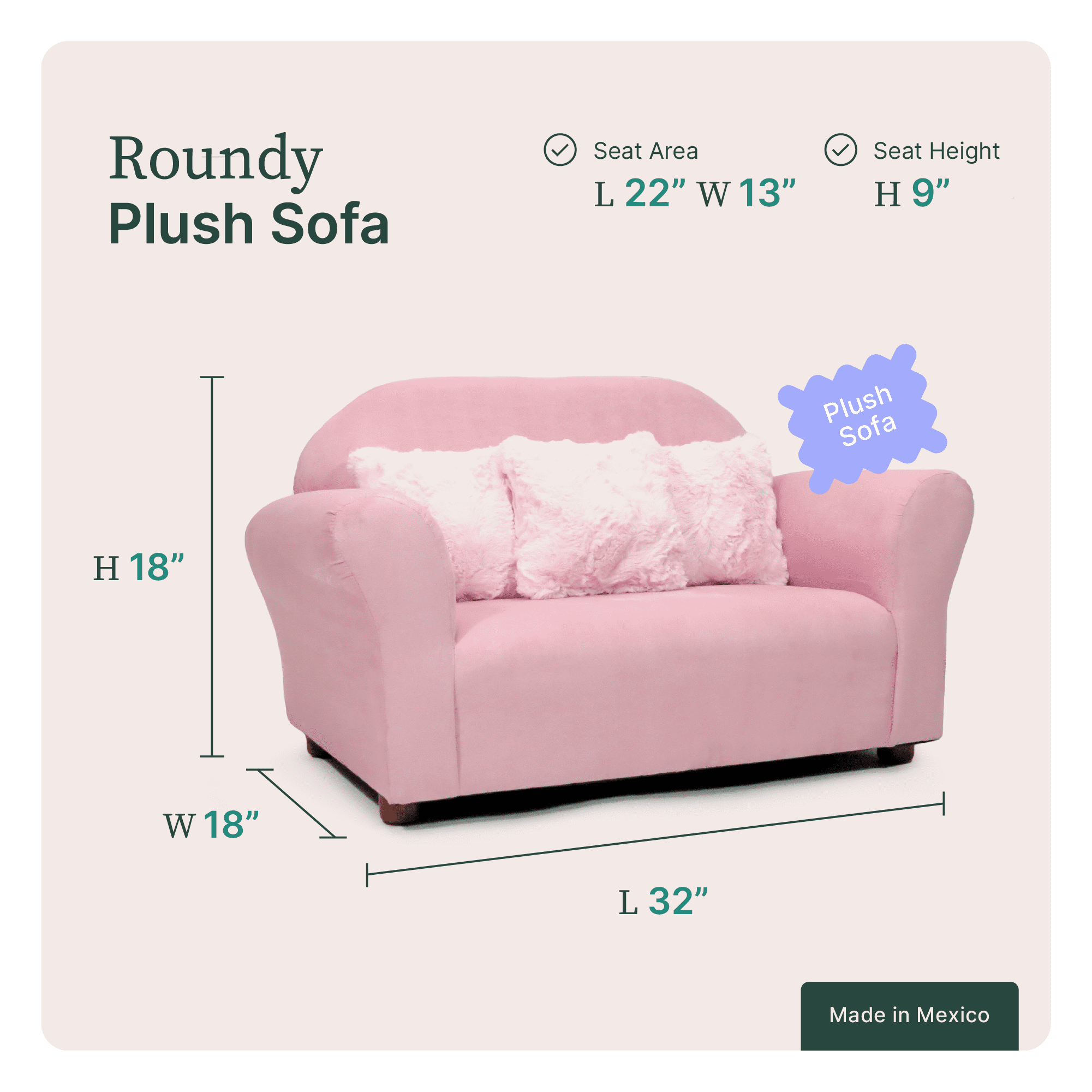 Keet Plush Kids Sofa with Accent Pillows - Pink
