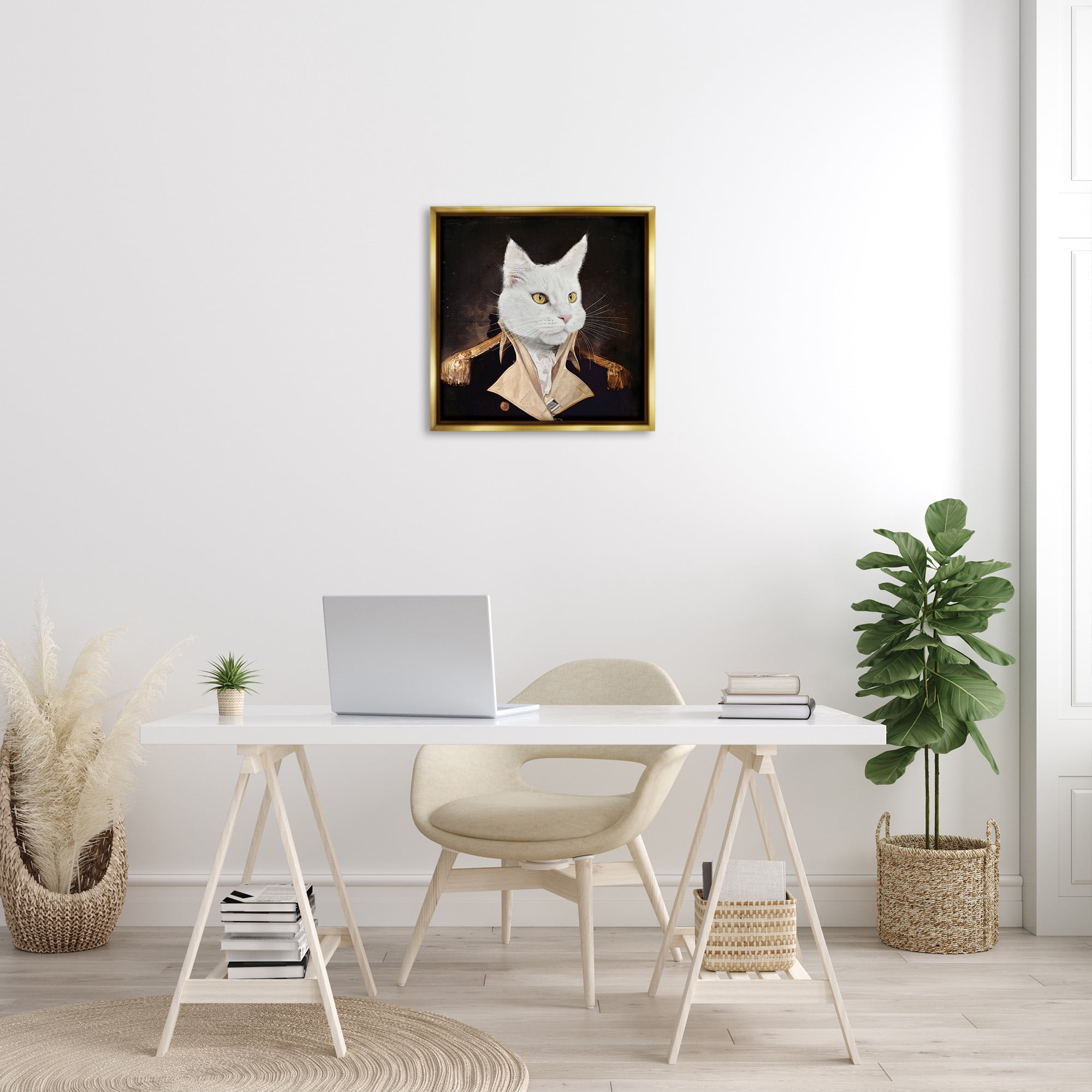 Stupell Industries White Cat in Uniform Animals & Insects Painting Gold Floater Framed Canvas Art Print Wall Art, 25 x 25