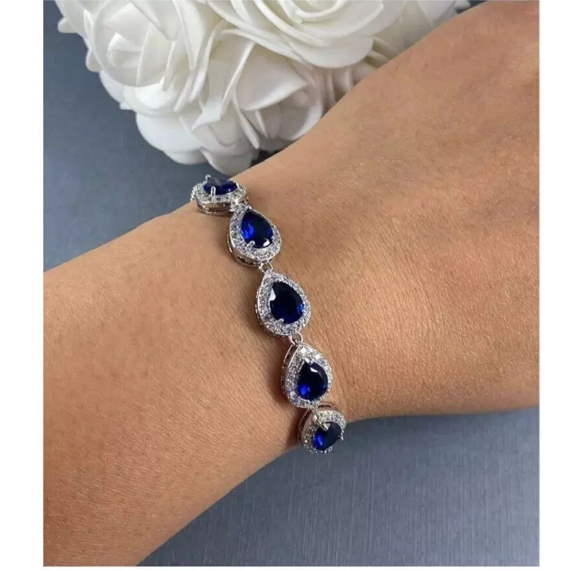5 Ct Pear Cut Cubic Zirconia Sapphire Women's Bolo Bracelet in 18K White Gold Plated Sterling Silver - Elegant & Stylish Jewelry