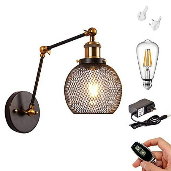 Kiven 1-Light Battery Operated Iron Wall Lamp, Vintage Black Rechargeable Wall Sconces, E26 Socket Bulb Included(Warm White)Wire Cage Wall Light Fixture