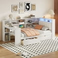 thumbnail image 4 of Harper & Bright Designs Twin Corner Bed with Storage Shelves & Drawers, Wood Corner Bed Frame with Charging Station & LED, Desk & Upholstered Headboard, Beige+White, 4 of 16