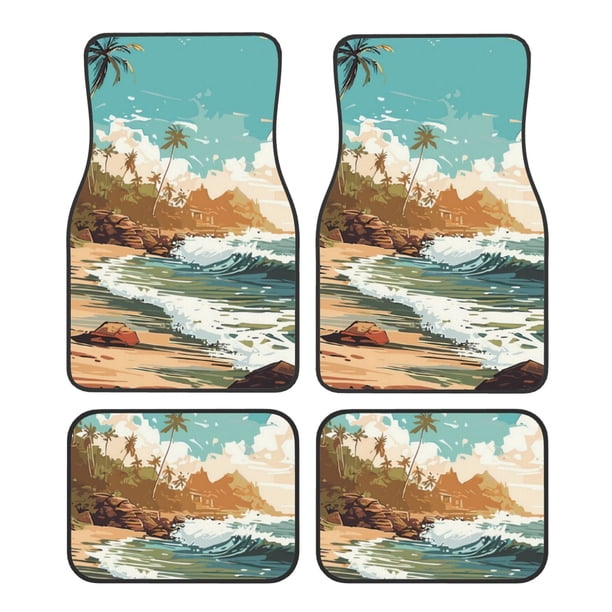Balery Coastal Palm Beach Juego de 4 Alfombrillas para Auto, Revestimientos de Caucho Resistente, Diseño Antideslizante