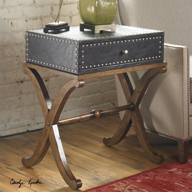 Uttermost Lok Black Faux Leather Accent Table in Antique Walnut
