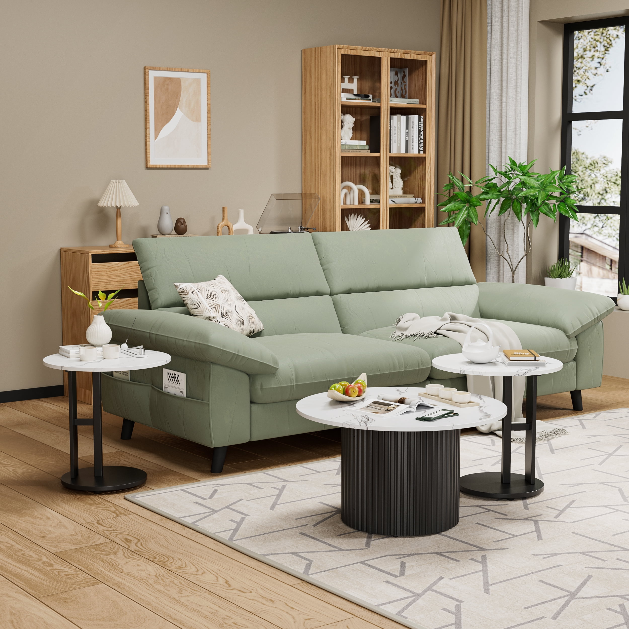 Astoutdoor Coffee Table Set of 3, Modern Nesting Tables with Faux Marble Top and Metal Legs, Round Coffee & Side Tables with Ribbed Design for Living Room, Small Space Apartment