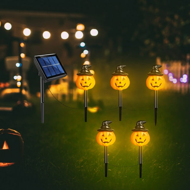 Guoxiu 5 Pack Halloween Pumpkin Pathway Solar Lights, Orange Jack Stake String Lights for Outdoor Halloween Decorations, Outside Halloween Yard Display Solar LED Halloween Décor