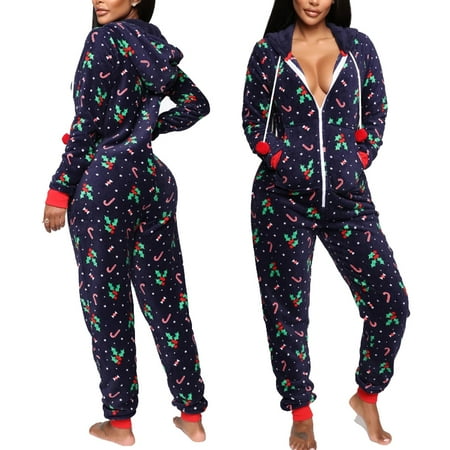 

Women Long Sleeve Zipped Hooded Long Sleeve Soft Nightwear Warm Christmas Pajamas Santa Sleepwear Xmas Hoodie Long Pajamas