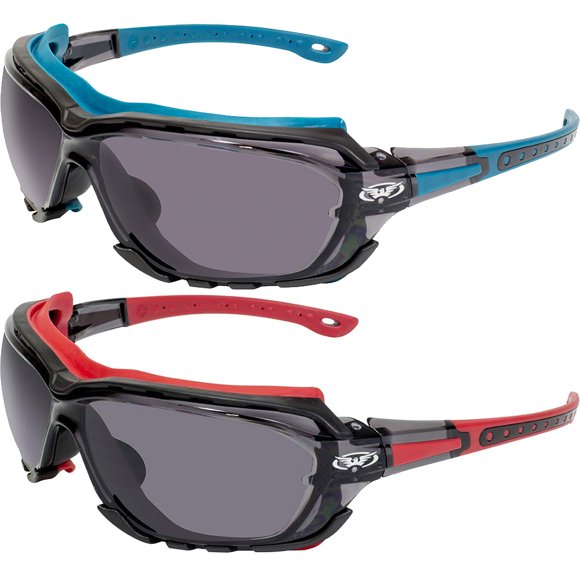 2 Pairs of Global Vision Octane Motorcycle Riding Glasses Blue and Red Gaskets Smoke Lenses