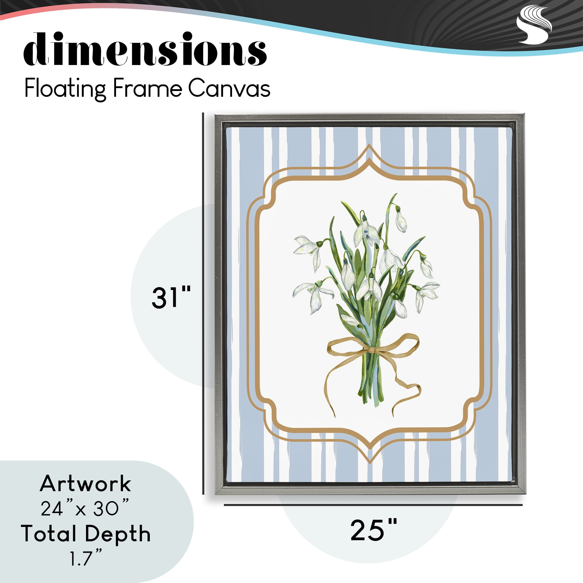 White Flower Bundle on Stripes Gray Framed Floater Canvas Wall Art, design by Adonna Ebrahimi