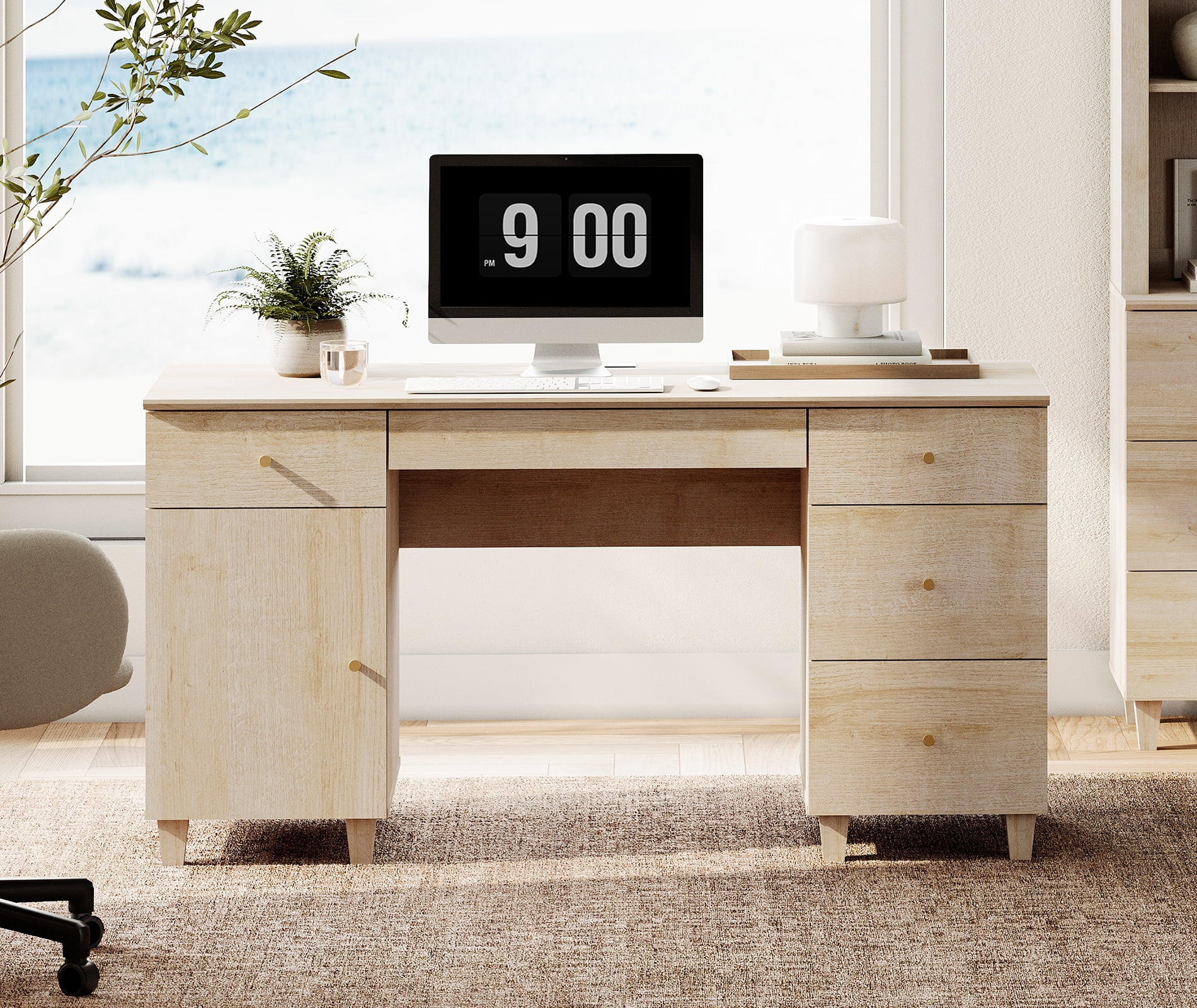 58" Executive Desk with 5 Drawers and 1 Door, Modern Farmhouse Home Office Computer Table with Charging Station, Light Oak