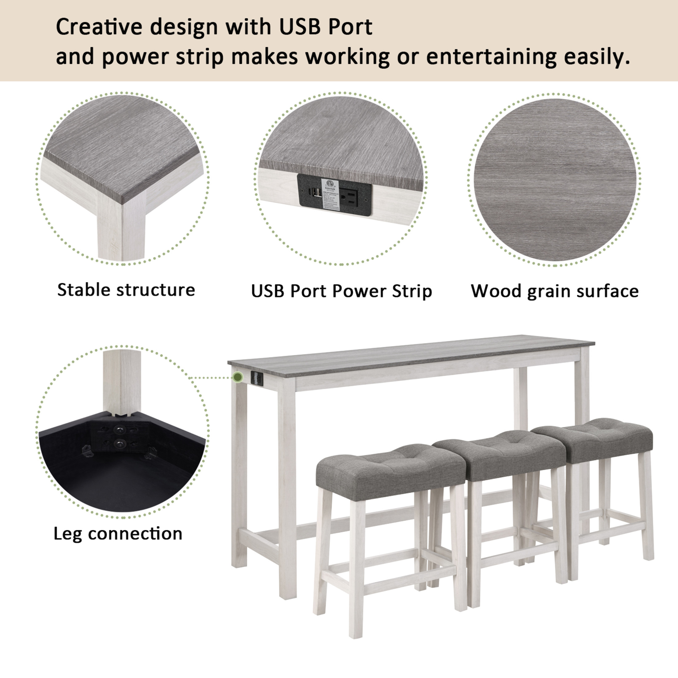 Noble House 35.5"H Dining Bar Table Set with Power Outlet, Upholstered Counter Stools for 3, Gray+White Finish