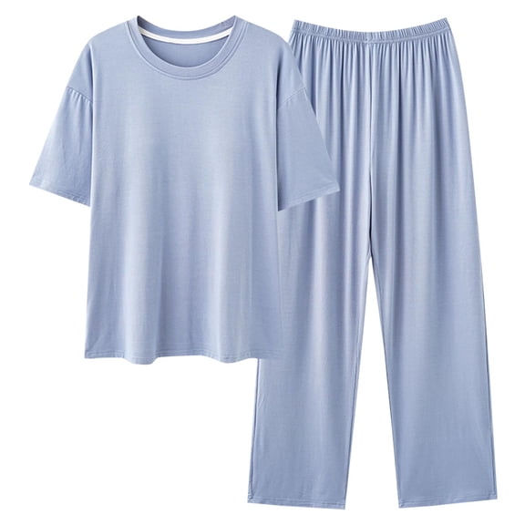TEAJOPSUU Lounge Sets for Women Cotton Blend Pjs Set Short Sleeve Tops and Long Pants Soft Comfy Pajamas 2 Piece Outfits M-2X Blue