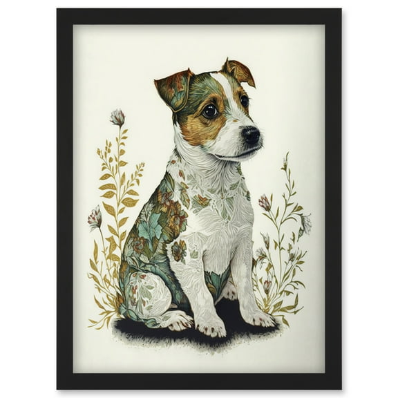 Cute Jack Russel Dog Puppy and Flower Patterns Colour Pencil Illustration Artwork Framed Wall Art Print A4