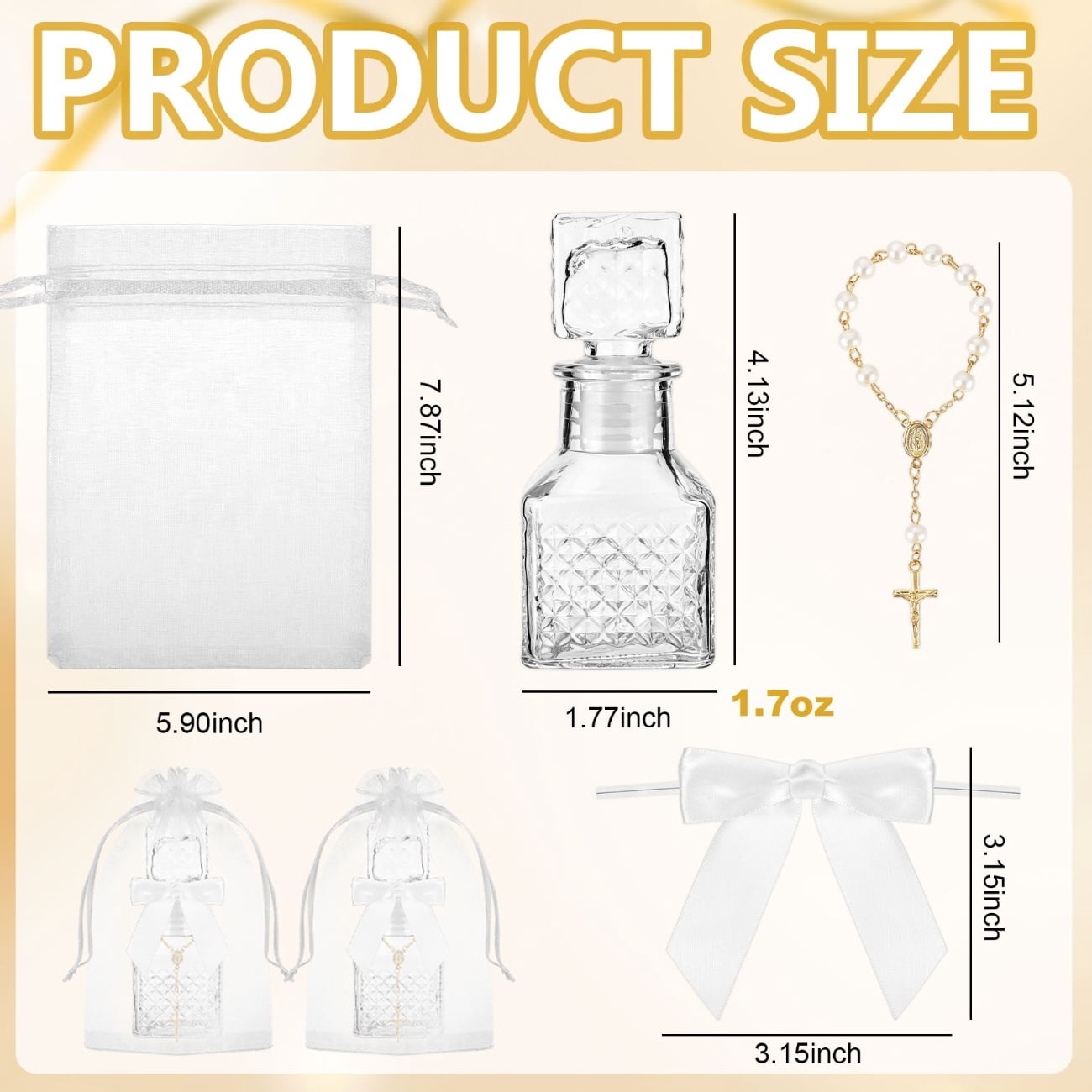 24pcs Baptism Party Supplies - Includes 12 Glass Holy Bottles And 12 Cross Rosary Bracelets - with Organza Bags (Boxed) Party Supply Set, Suitable for Weddings, Communions, Religious Events