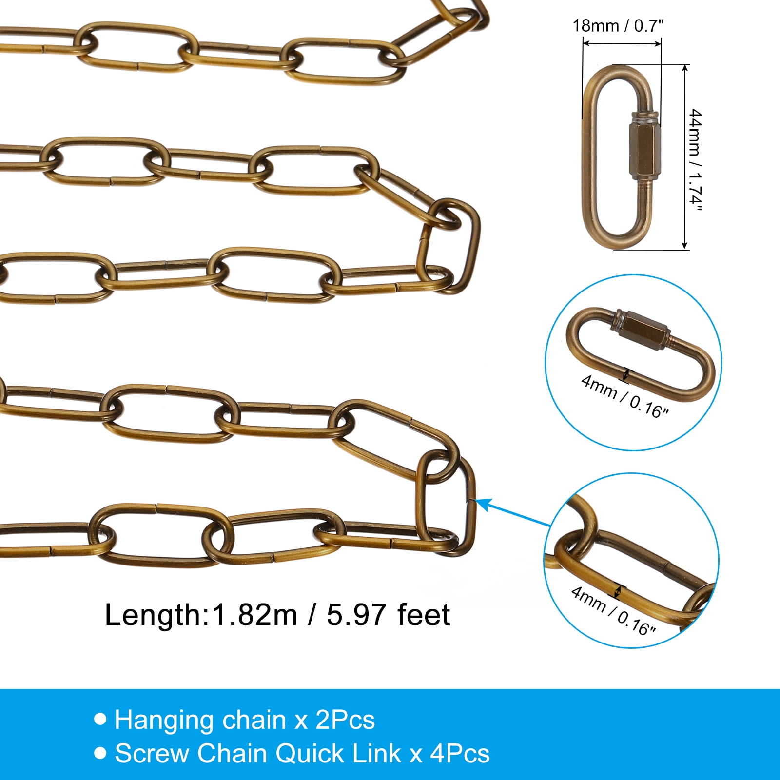 Uxcell 6ft Lighting Hanging Chain, 2Pcs Looping Chain with Connectors for Pendant Chandelier Light Fixture Gold Bronze