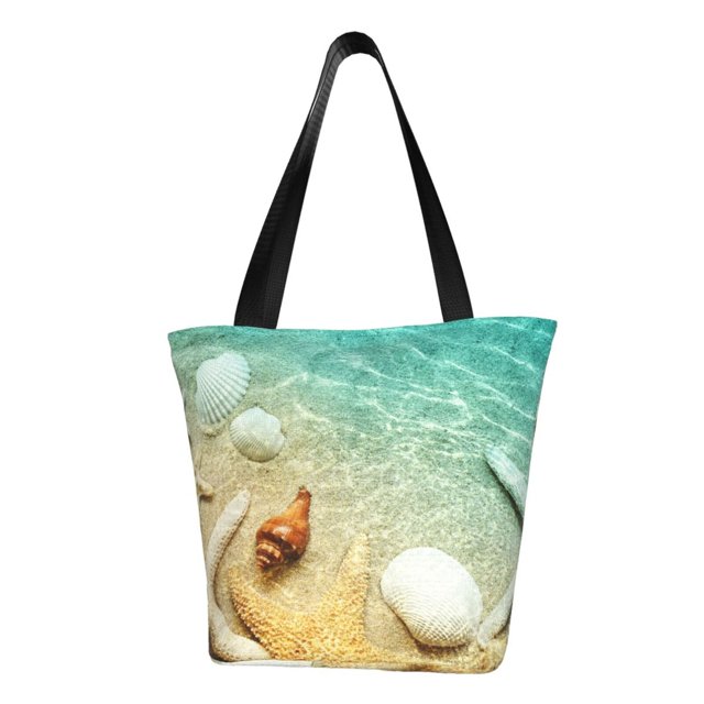 Fotbe Starfish And Seashell On The Beach Bolsa de Playa con Estampado, Bolsa de Hombro, Bolsa de Mano Espaciosa, Bolsa de Viaje Ligera, Bolsa de Compras Versátil