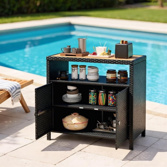 Topcobe Rattan Storage Cabinet with Acacia Wood Countertop for Poolside Deck and Patio, Modern Furniture for Living Room-Black