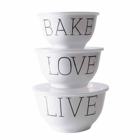 Mainstays Live, Love, Bake Melamine Mixing Bowl with Lids, 6 piece Set