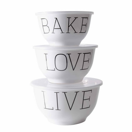 Mainstays Live, Love, Bake Melamine Mixing Bowl with Lids, 6 piece (Best Mixing Bowls For Baking)