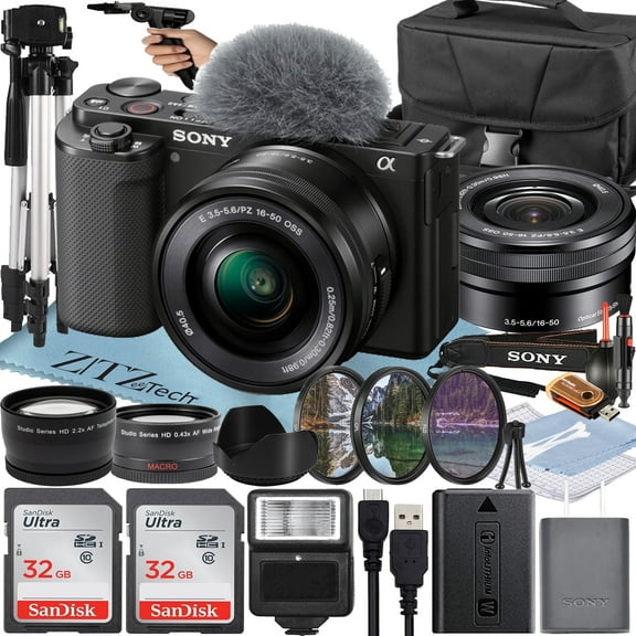 Sony Alpha ZV-E10 Mirrorless Vlog Camera With 16-50mm Lens   2 Pack 32GB Memory Card   Flash   Tripod   Case   ZeeTech Accessory Bundle (Black)