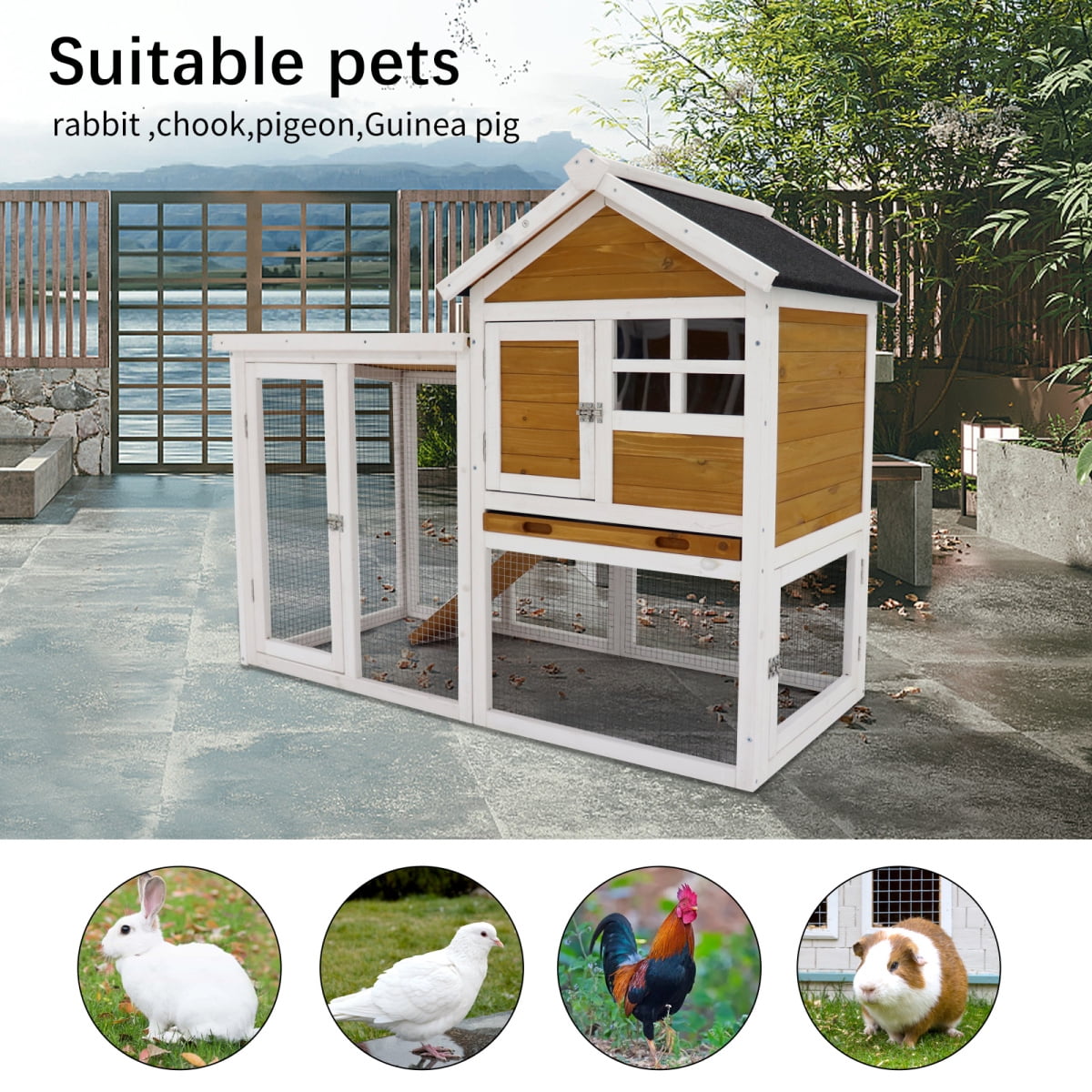 Wooden Rabbit Hutch Outdoor & Indoor with Waterproof Roof, 2-Tier Bunny Cage with Pull-Out Tray, Large Pet House for Rabbits, Guinea Pigs, Chickens, Hamsters & Small Animals