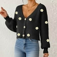 thumbnail image 5 of Weiqiqre Womens Fall Sweaters Button Down Lantern Sleeve V Neck Knitted Cropped Solid Cardigan Sweater, 5 of 6