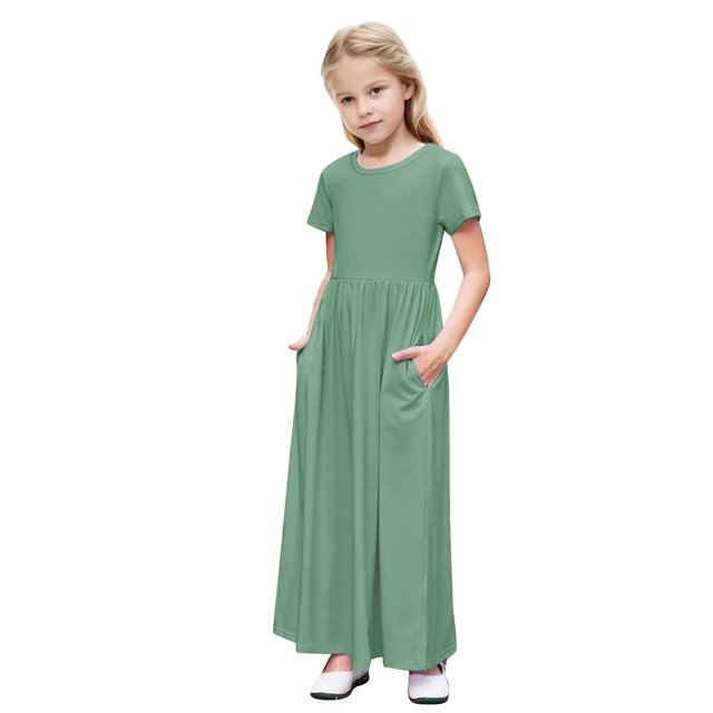 RXIRUCGD 2025 Vêtements d'Été pour Enfants Tout-Petits Filles Mignon Rayé Imprimé Manches Courtes Robe Extensible avec Poches Robe Longue en Ligne