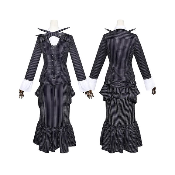 Women's Halloween Striped Dress Costume Gothic Nightmare Cosplay Corset Skirt Set with Bat Bowtie for Adult Theme Party