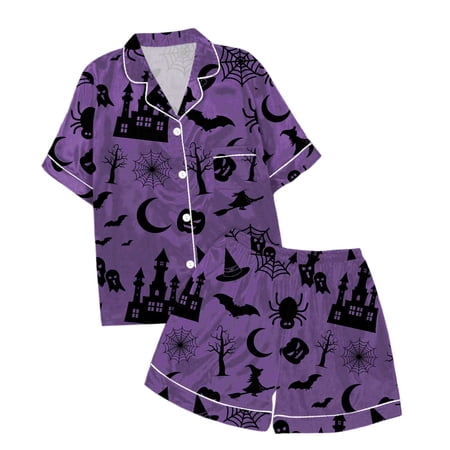 Curuila Toddler Girls Halloween Pajamas Set Short Sleeve Hallowmas Cartoon Print Lapel Button Down Pjs Tops With Shorts For Party Soft Casual Loungewear Purple Size 6-7 Years