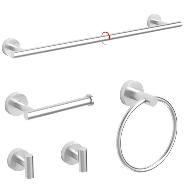 Juego de Accesorios de Baño,5 Piezas de Toallero, Toallero en Barra de 60CM, Toallero de Anillo, Albornoz Gancho de Toalla, Portarrollos de Papel Higiénico, 304 Acero Inoxidable, Plateado