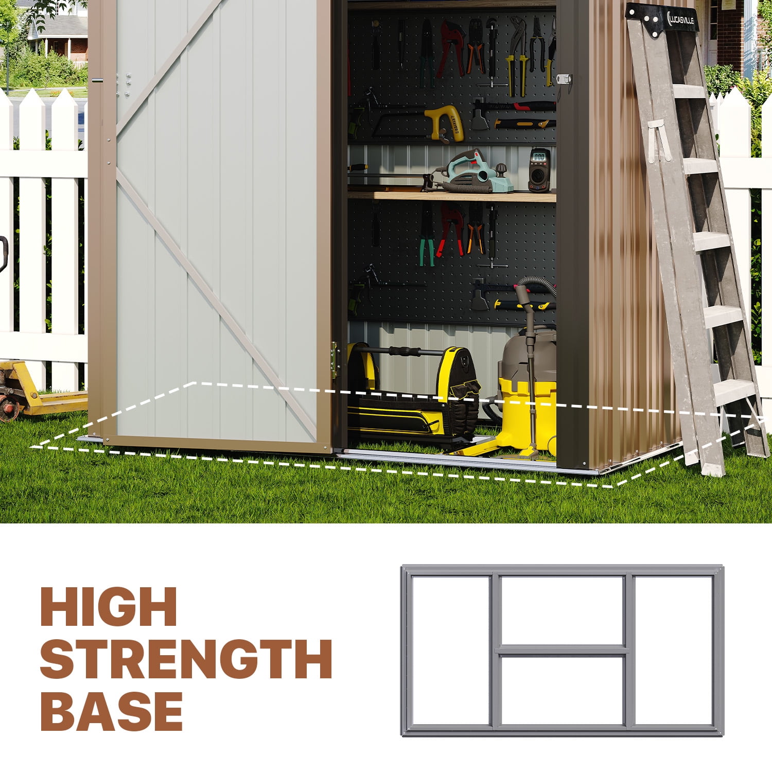 BaPiPro 5x3 FT Outdoor Storage Shed with Base, Lockable Metal Tool Shed, Waterproof Galvanized Steel Garden Storage House for Backyard, Patio, Lawn - Brown