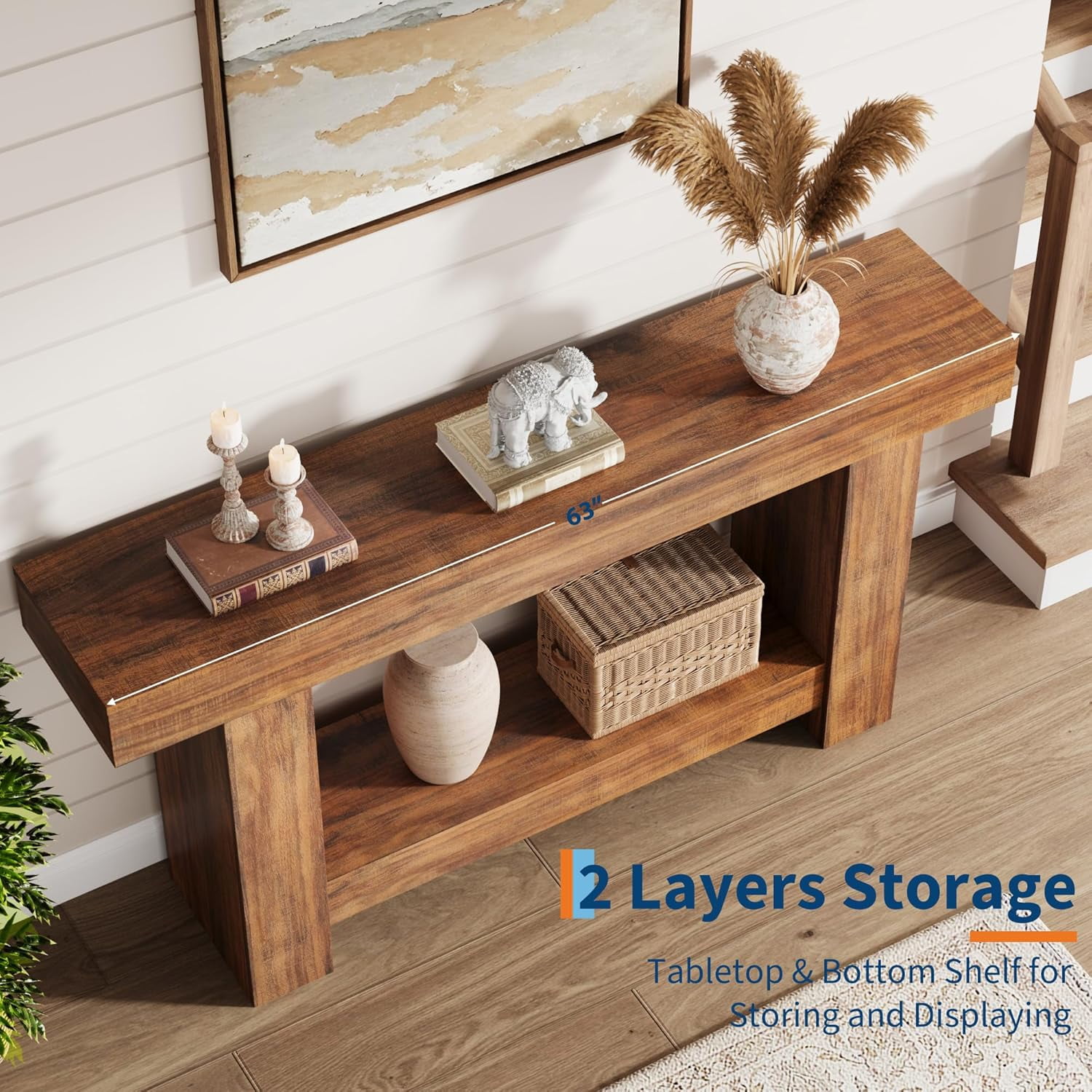 63 Inch Console Table, 2-Tier Farmhouse Sofa Table with Storage, Large Entryway Table for Living Room, Hallway, or Foyer