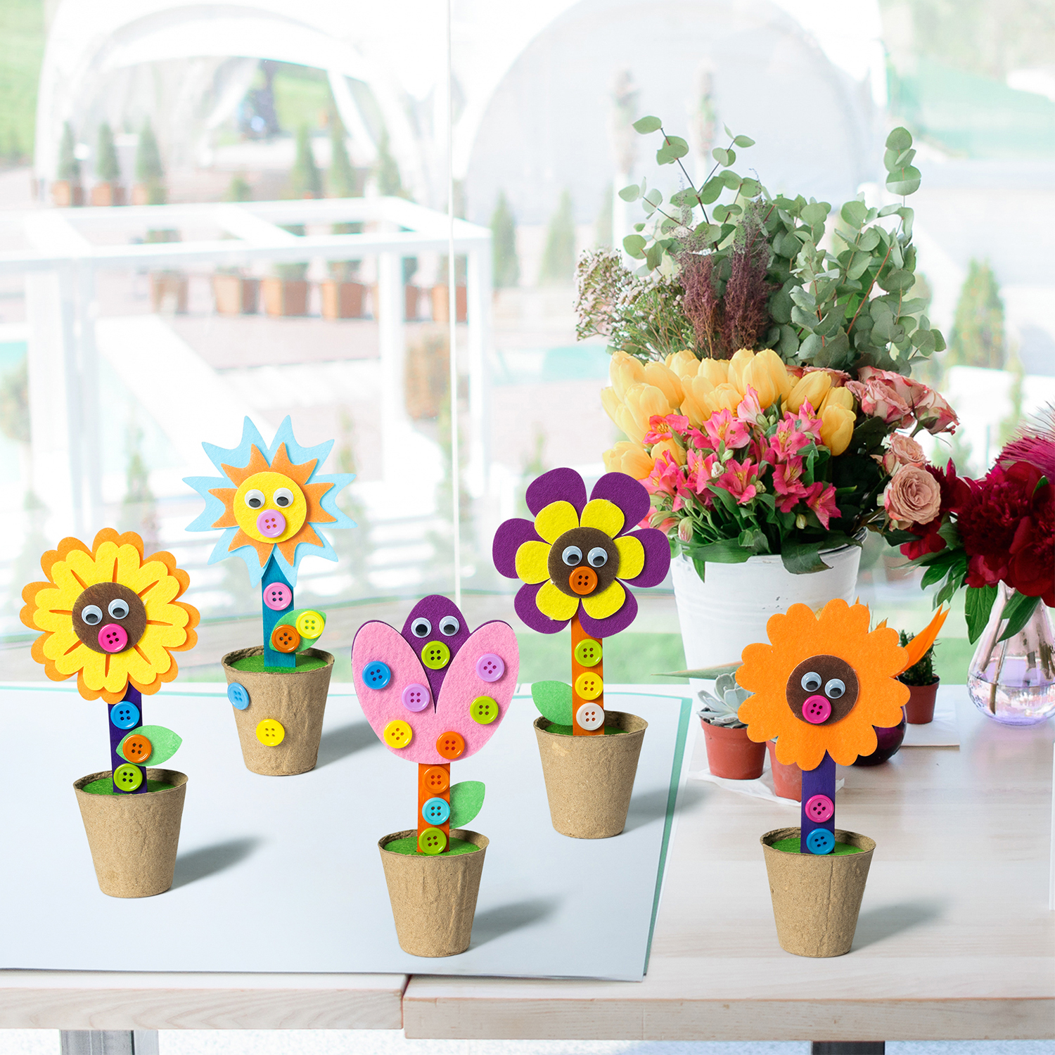 Laffact DIY Felt Flower Craft Kit for Mother’s Day, Standing Flowers Crafts with Paper Pot, Home Decoration & School Fun Activities,24pack