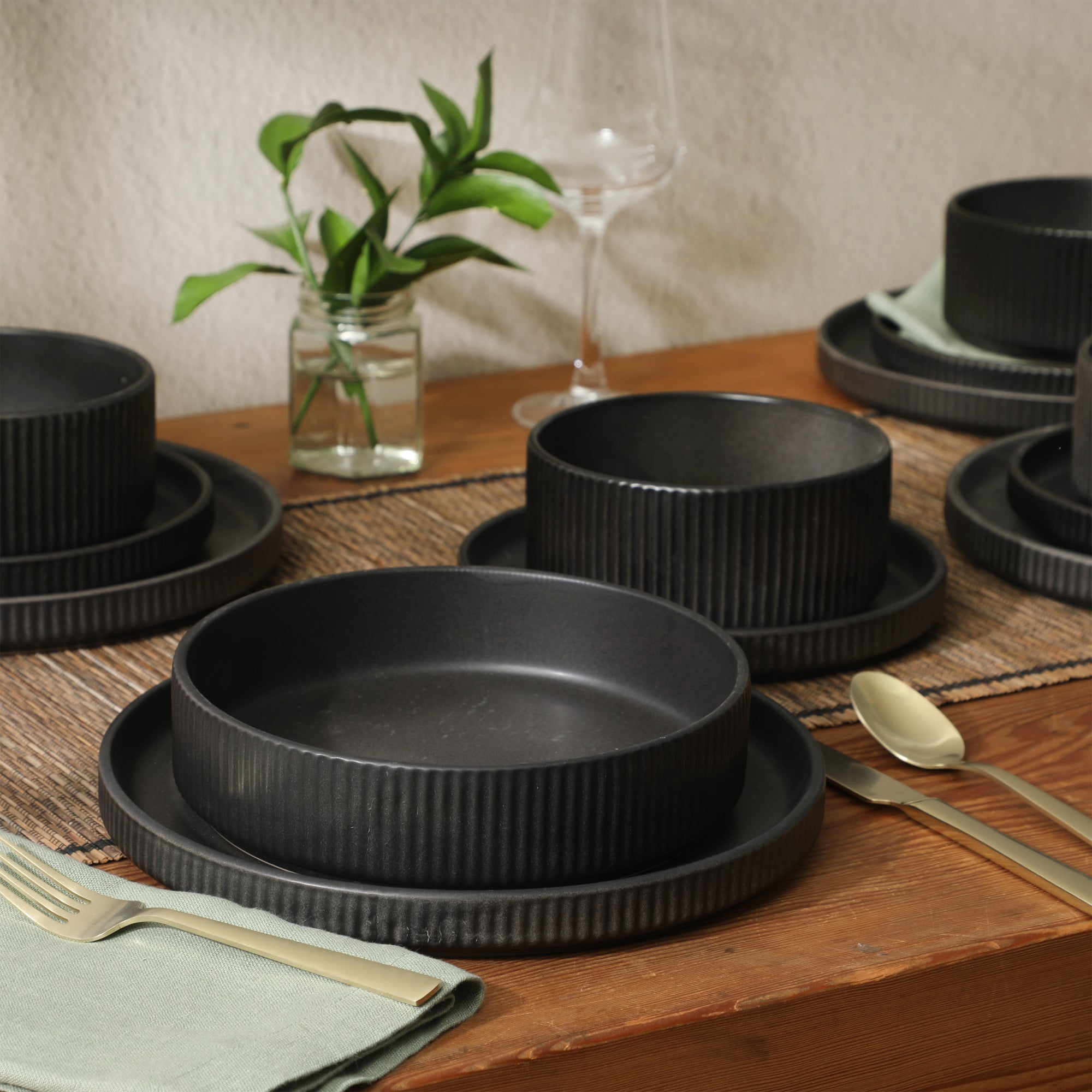 Gibson Elite Deerfield 16-Piece Stoneware Dinnerware Set – Stackable Plates and Bowls, Reactive Glaze Finish, Service for 4 - Matte Black