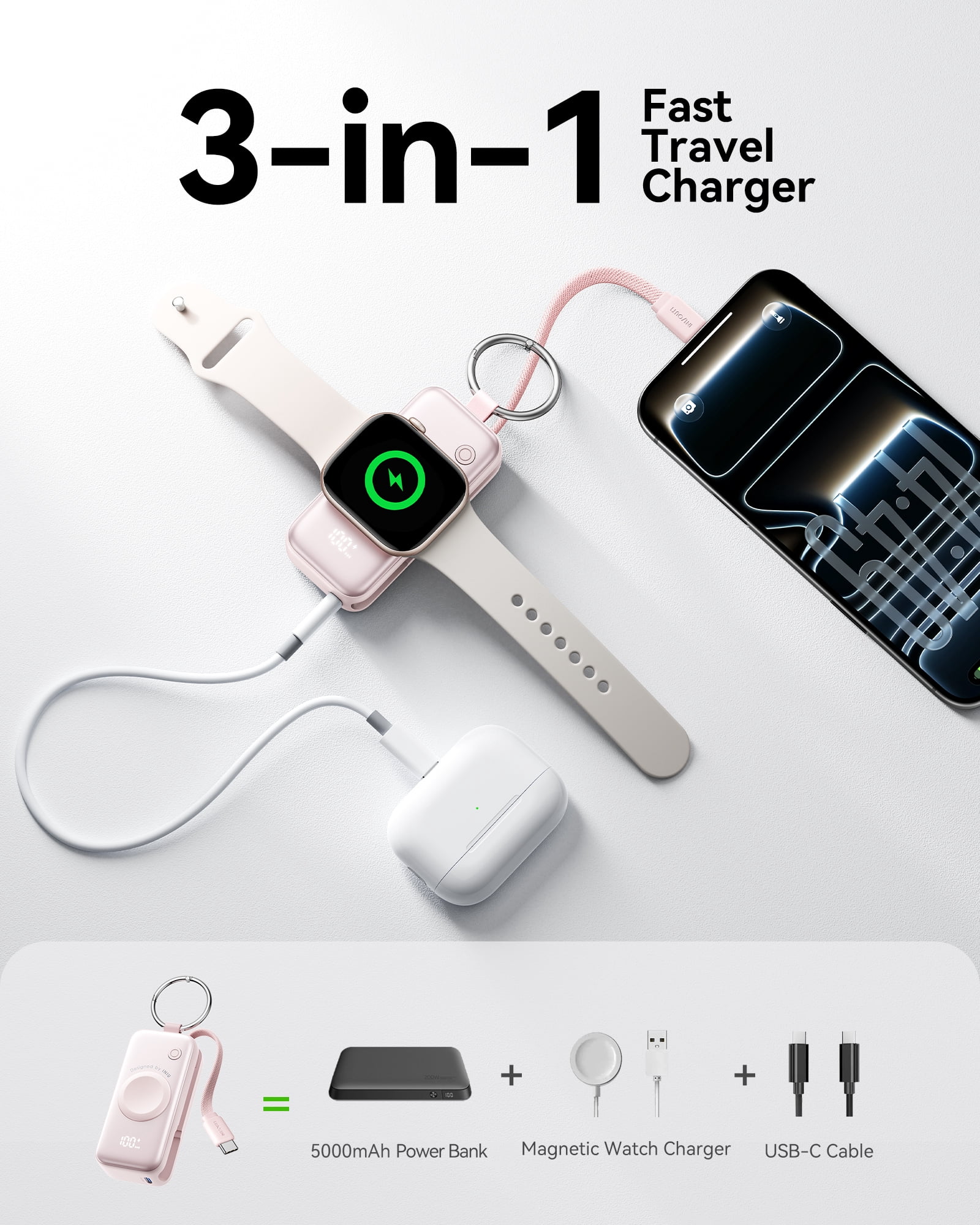 INIU 3-in-1 Portable Charger, Small 5000mAh Wireless Power Bank with Built-in Cable for Apple Watch 10/9/8/Ultra2/Ultra/SE, iPhone 17/16 etc, Pink