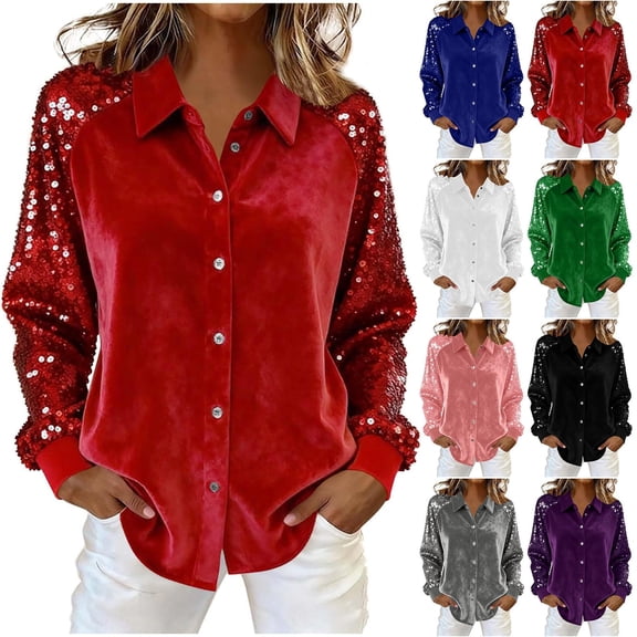 Laqbezok Women's Sequin Long Sleeve Button Down Velvet Shirt Sparkly Party Blouse Shiny Glitter Patchwork Luxury Fashion Outfit