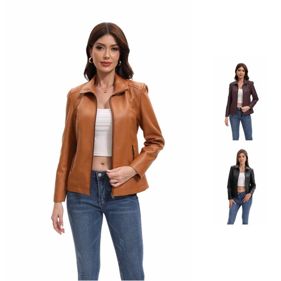 Unir Casual Leather Jacket for Women, Stretch Knit Panels Zip Up Short Coat, Comfortable Fall Winter Outerwear, 1 Piece, S-XXL, Plus Size Friendly