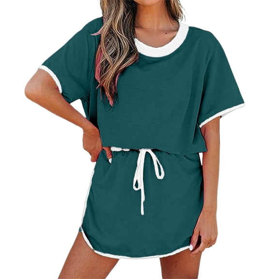gbyLJF Loungewear Sets for Women 2 Piece Shorts Skirt Color Block Short Sleeve T Shirt and Skort Set Summer Tracksuits