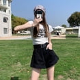 thumbnail image 4 of Pantalones cortos de mezclilla de pierna ancha negros de cintura alta para mujer novedad de verano 2023 pantalones cortos holgados y versátiles con botones pequeños y rizados, 4 of 5