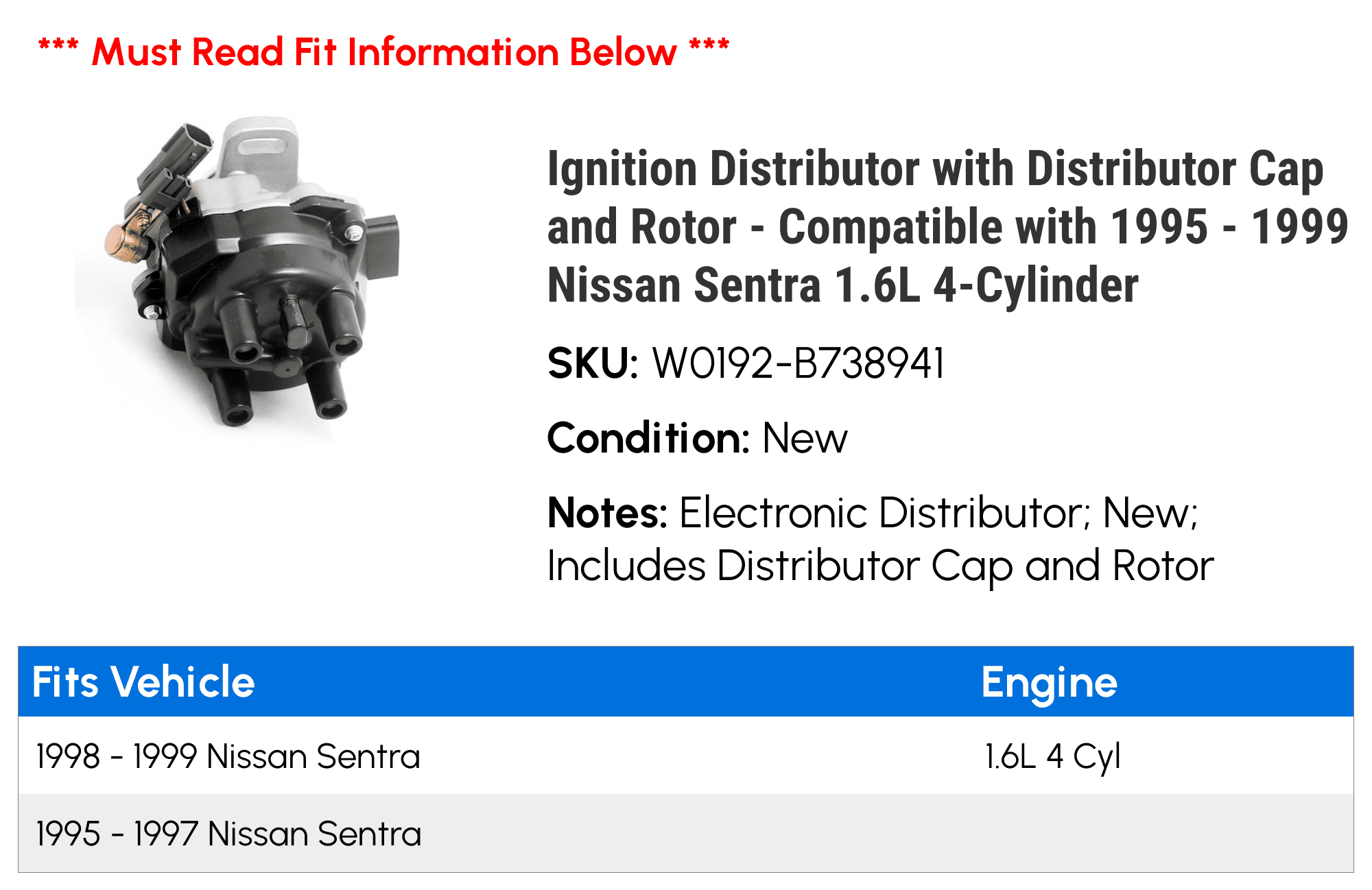 Ignition Distributor with Distributor Cap and Rotor - Compatible with 1995 - 1999 Nissan Sentra 1.6L 4-Cylinder 1996 1997 1998