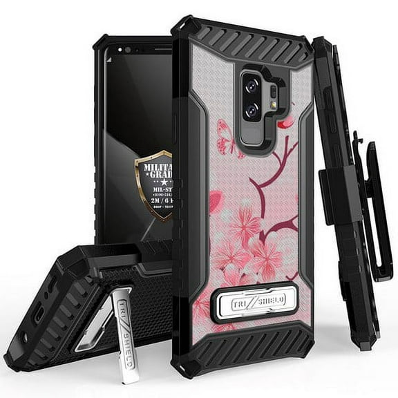 Galaxy S9 Plus Case, Trishield Durable Rugged Heavy Duty Phone Cover [ Belt Clip Holster] And Built in kickstand For Samsung Galaxy S9 Plus - Printed Cherry Blossom